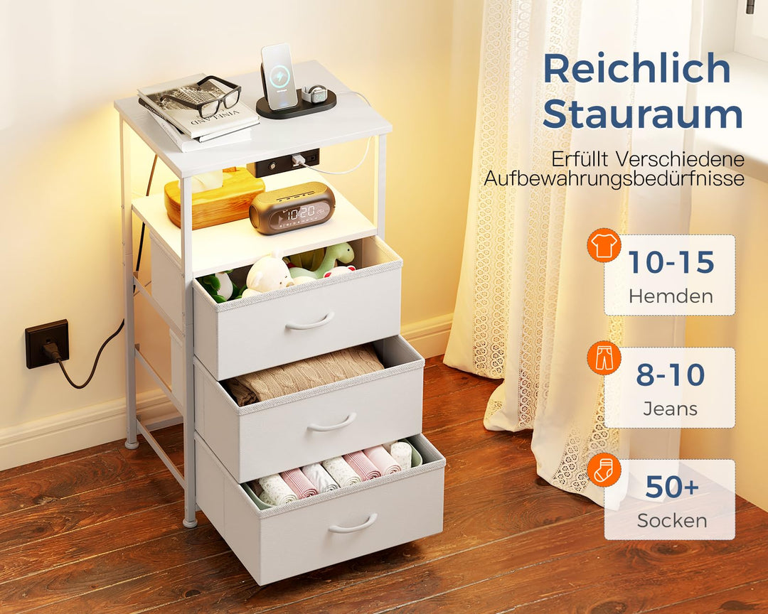 Nachttisch Stoff weiss mit LED, 2 USB, 1 Steckdose, Schublade - Bild 4