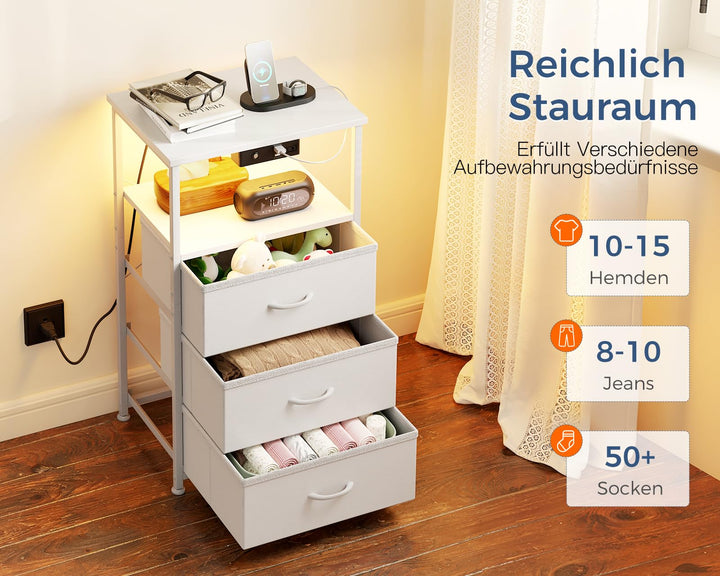 Nachttisch Stoff weiss mit LED, 2 USB, 1 Steckdose, Schublade - Bild 4
