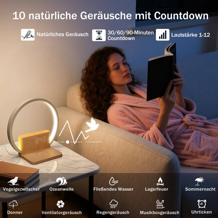 Lichtwecker Nachttischlampe 4-in-1 mit Wireless Charging und Naturklängen - Bild 6