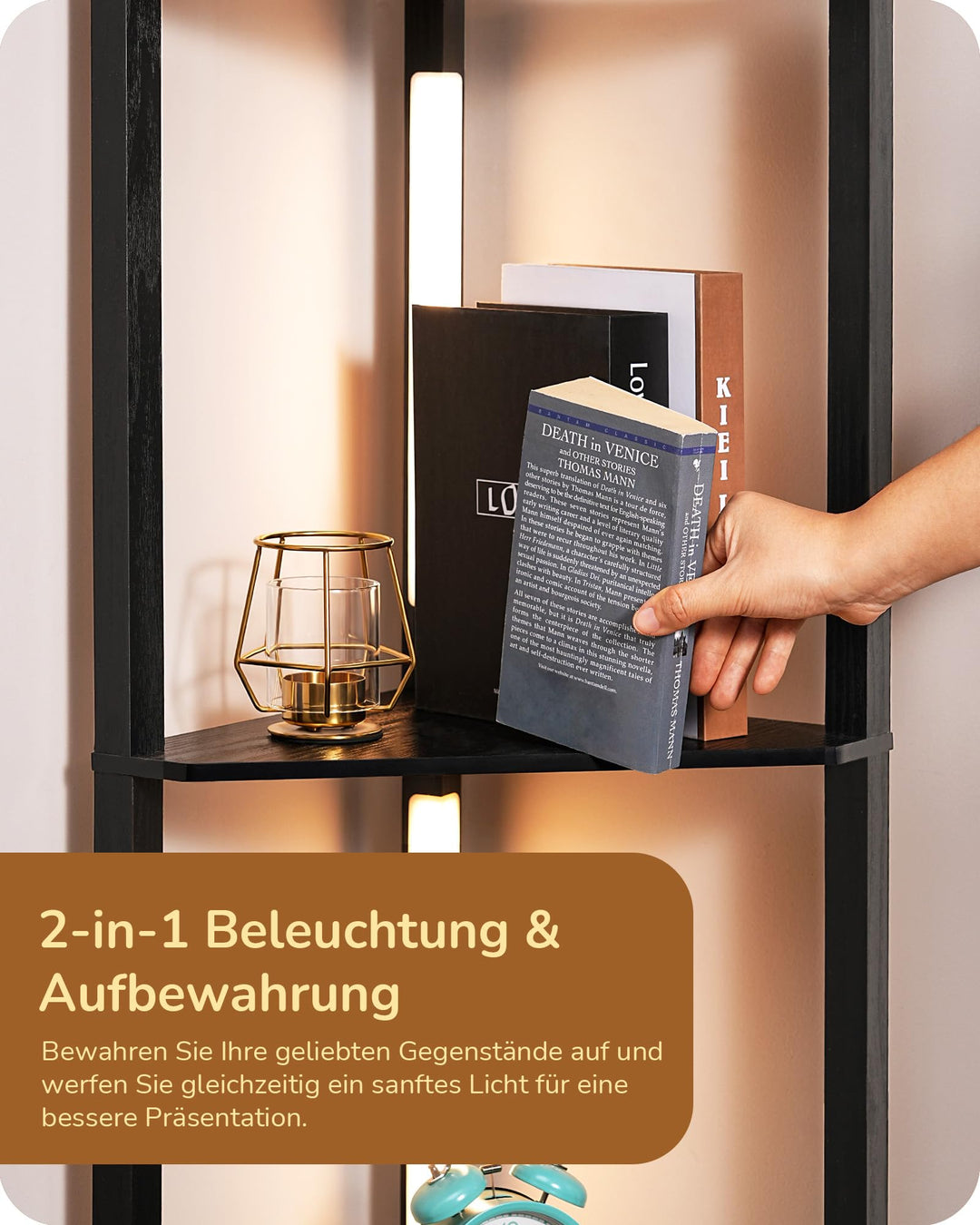 Stehlampe mit Regal LED dimmbar 3-in-1 Schwarz Holzmaserung - Bild 4