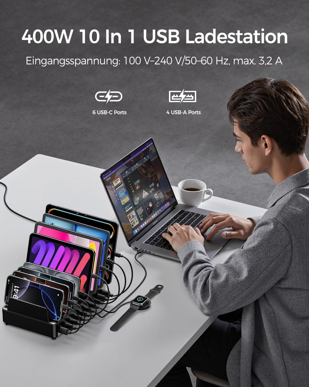 USB-C Ladestation 10-Port GaN PD 100W für Familien &amp; Büro - Bild 3