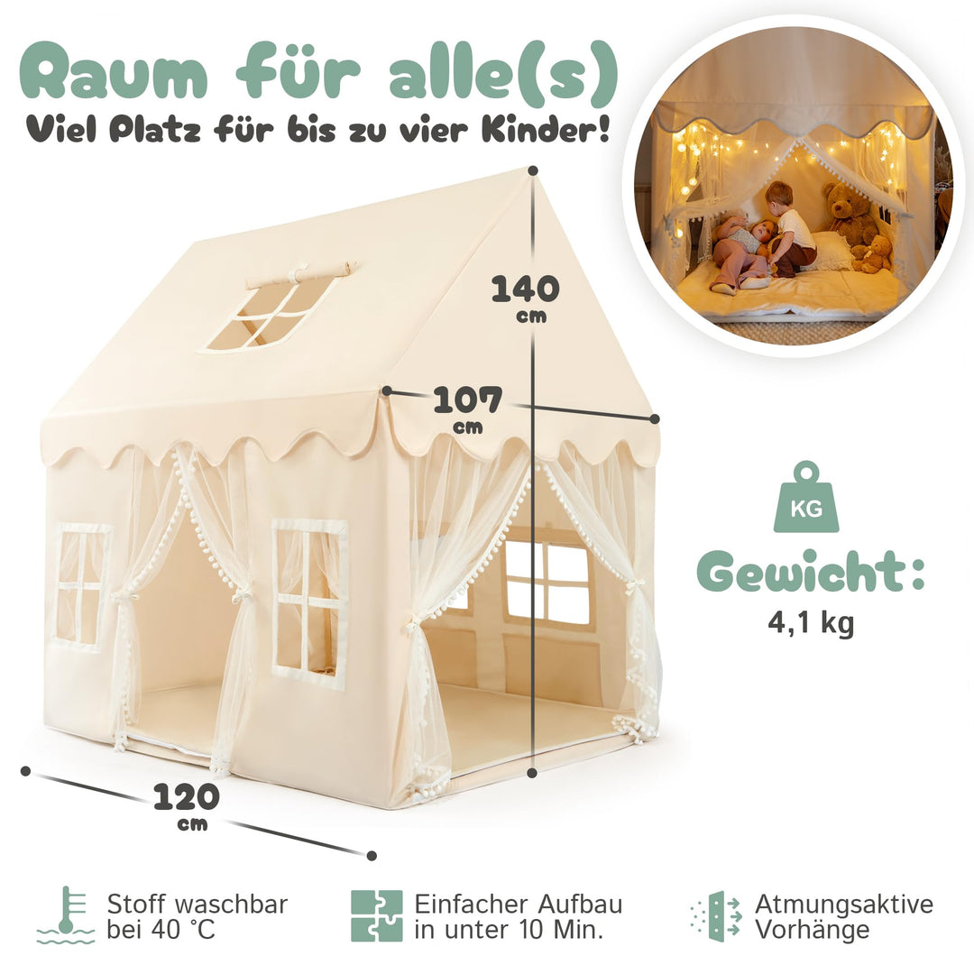 Kinderspielhaus Indoor Holz &amp; Stoff 120x107x140 cm mit 5 Fenstern - Bild 5