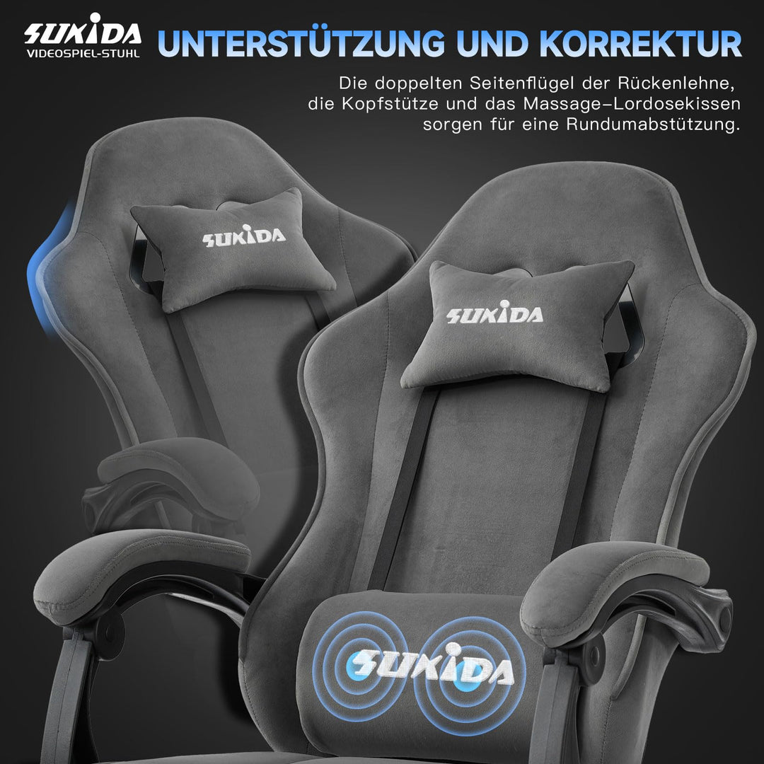 Gaming Stuhl Stoff mit Fussstütze, Lordosenstütze, bis 150 kg - Bild 3