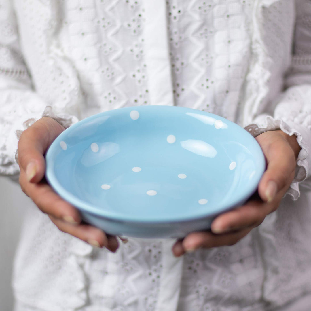Keramik Suppenteller 18,5 cm Hellblau Weiss Polka Dots handgemacht - Bild 5
