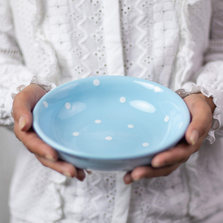 Keramik Suppenteller 18,5 cm Hellblau Weiss Polka Dots handgemacht - Bild 5