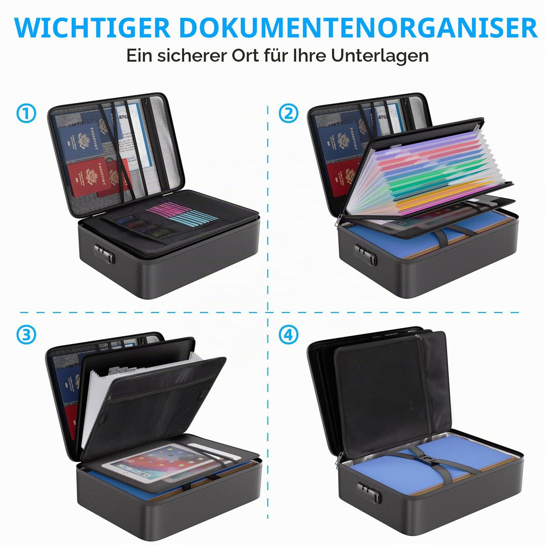 Feuerfeste Dokumentenbox mit Zahlenschloss 13 Taschen 38,5x28,5cm - Bild 4