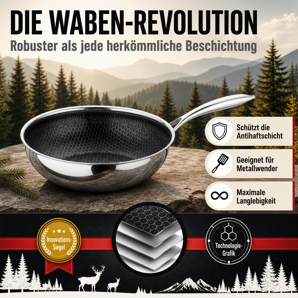 Wokpfanne 28cm Keramik-Antihaft Wabenbeschichtung Induktion - Bild 7