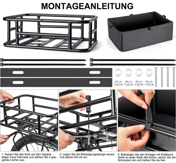 Fahrradkorb Hinten Stahl 30 kg Tragkraft mit Cargo-Netz und Liner - Bild 4