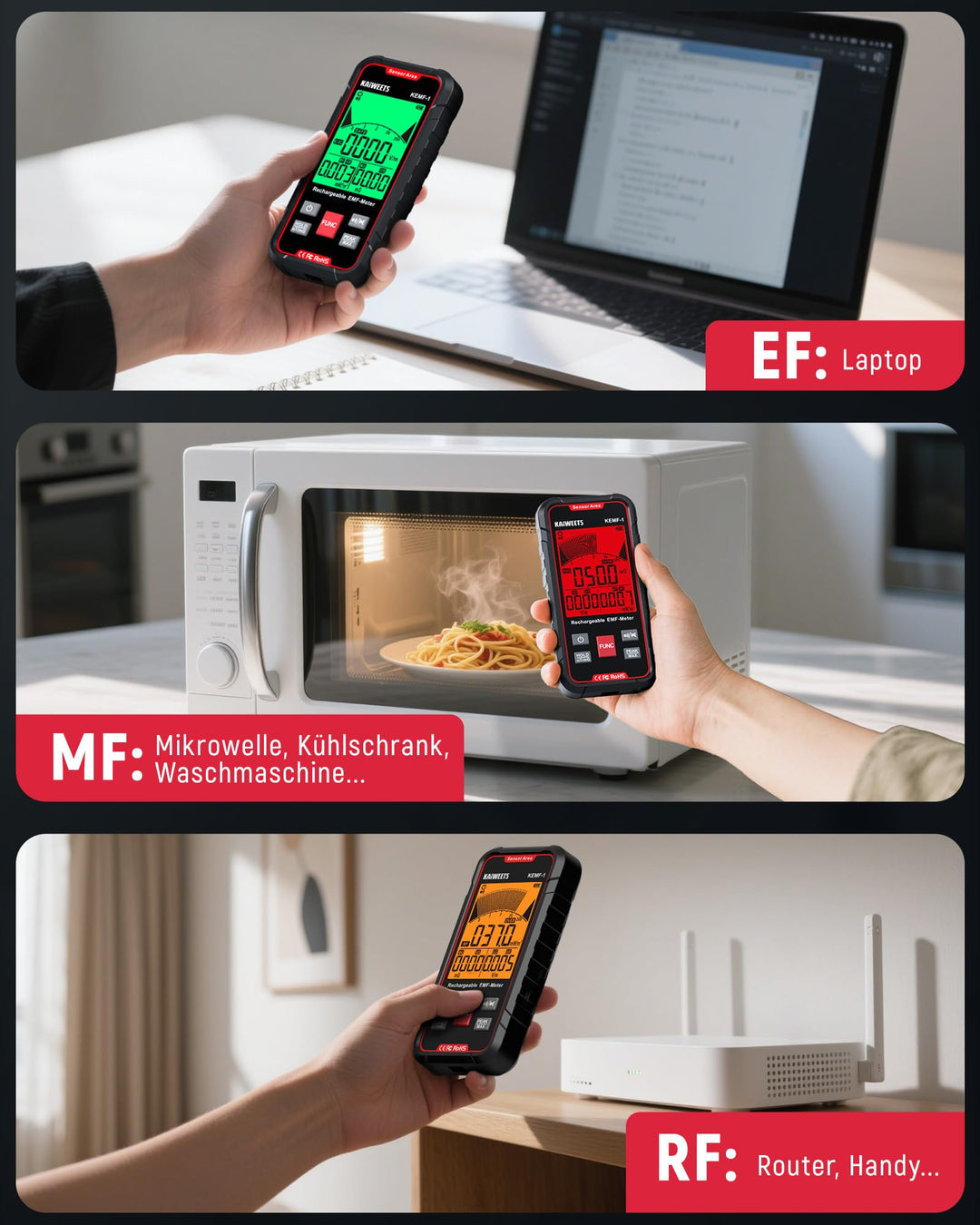 EMF-Messgerät 3-in-1 EF/MF/RF mit LCD-Display und USB-C Akku - Bild 4