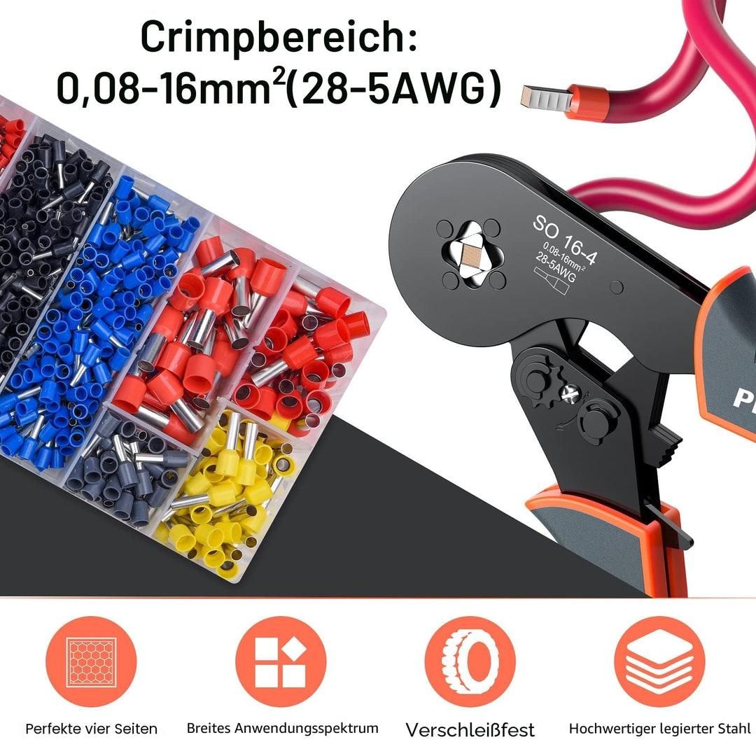 Crimpzange Vierkant 0.08–16mm² mit 1200 Aderendhülsen Set - Bild 2