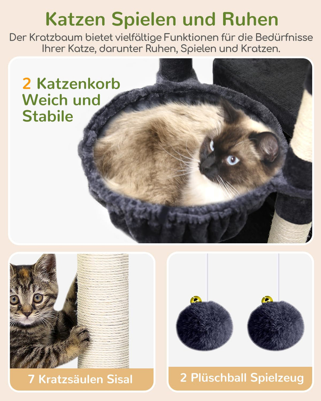Eck-Kratzbaum XXL 188 cm für grosse Katzen mit 2 Katzenhäusern - Bild 5
