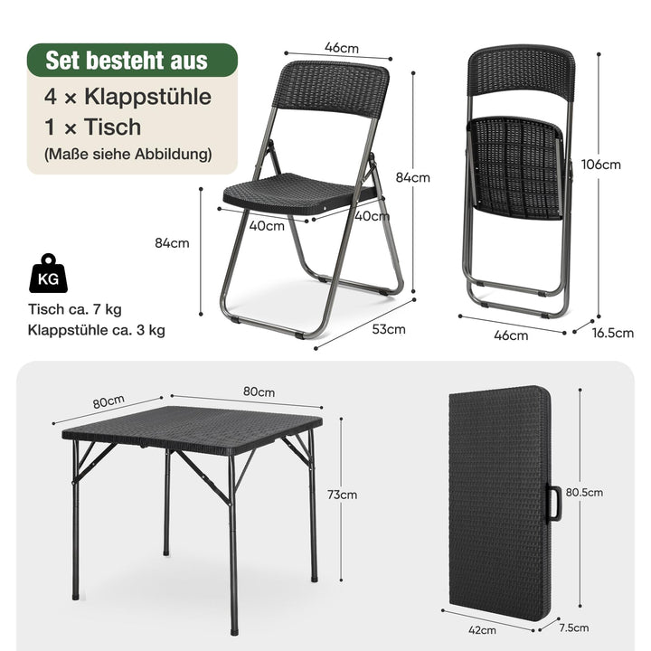 Gartenmöbel-Set 5-teilig Polyrattan Klappbar Schwarz für 4 Personen - Bild 6