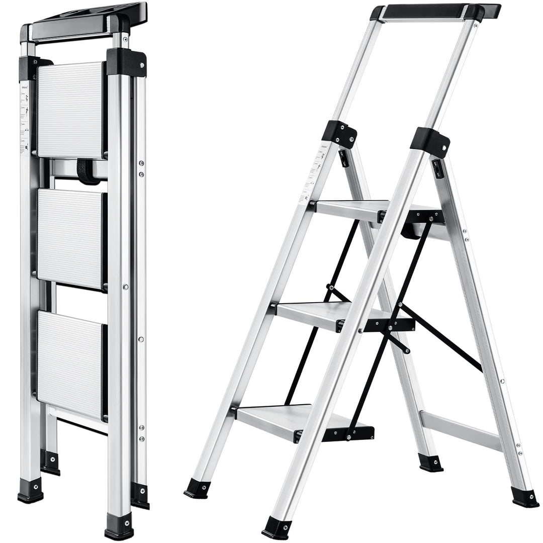 Trittleiter 3 Stufen klappbar Aluminium mit ausziehbarem Handlauf