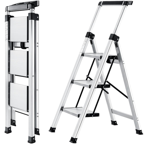 Trittleiter 3 Stufen klappbar Aluminium mit ausziehbarem Handlauf