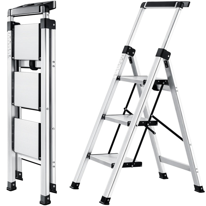 Trittleiter 3 Stufen klappbar Aluminium mit ausziehbarem Handlauf