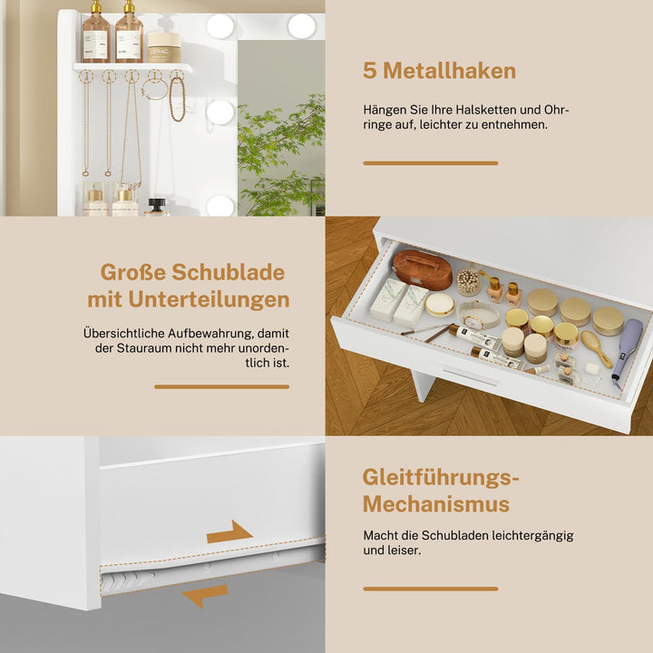 Schminktisch mit Beleuchtetem Spiegel 4 Schubladen Weiss - Bild 7