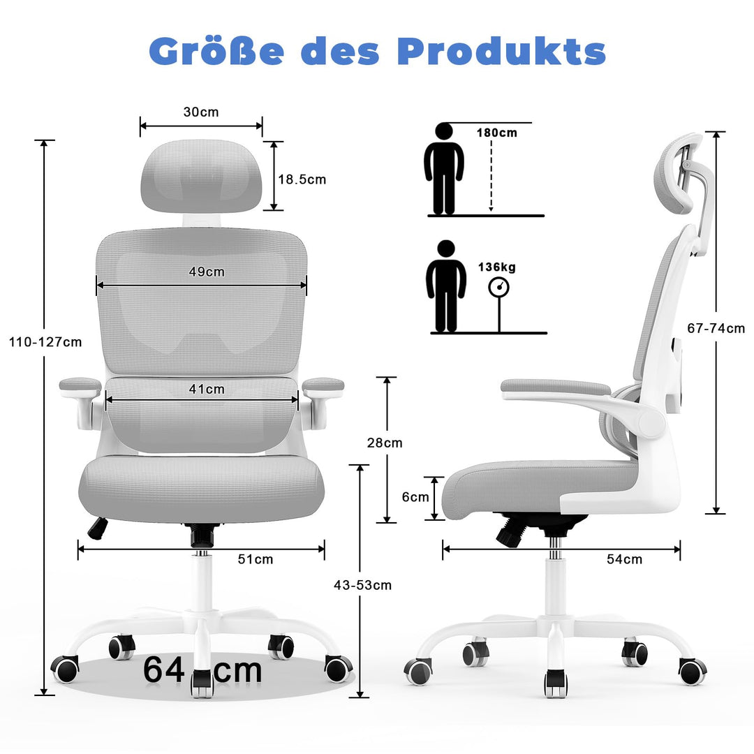 Ergonomischer Bürodrehstuhl Netz mit verstellbarer Lendenstütze Hellgrau - Bild 8