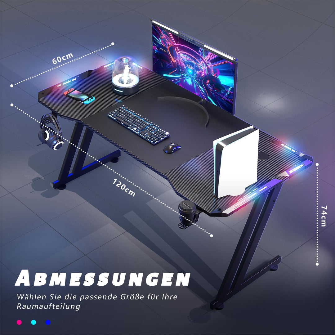 Gaming Tisch mit RGB-LED 120x60 cm schwarz, Monitorarm-kompatibel - Bild 3