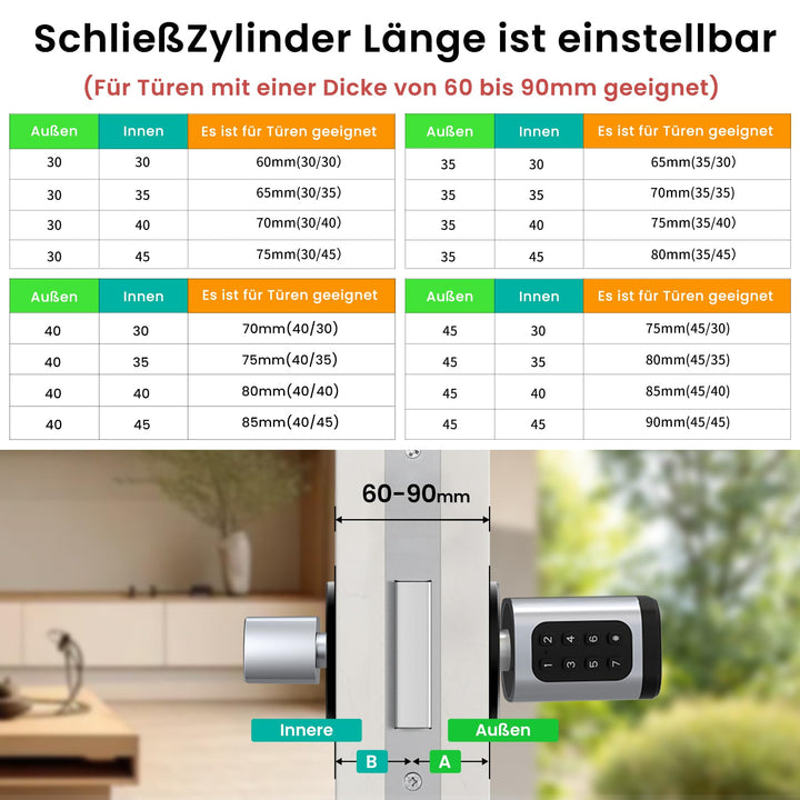 Smart Türschloss Fingerabdruck &amp; PIN für Türen 60-90 mm Silber - Bild 6