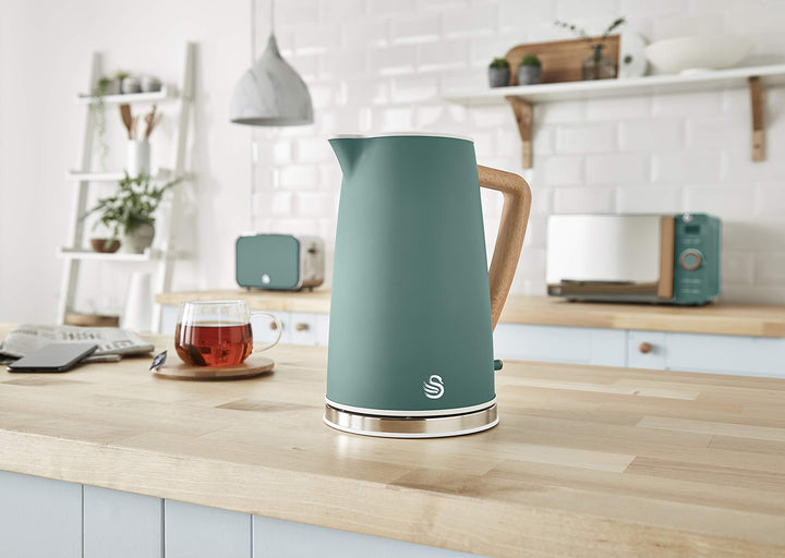 Wasserkocher 1,7 l 2200 W Edelstahl Grün mit Holzgriff kabellos - Bild 2