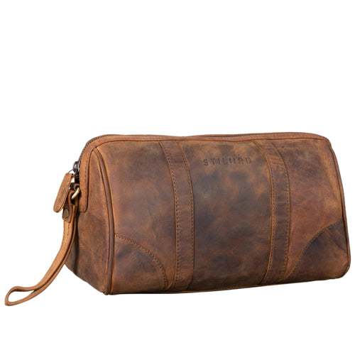 Kulturtasche Leder Groß Vintage Herren Damen mit Henkel 28x13x17cm