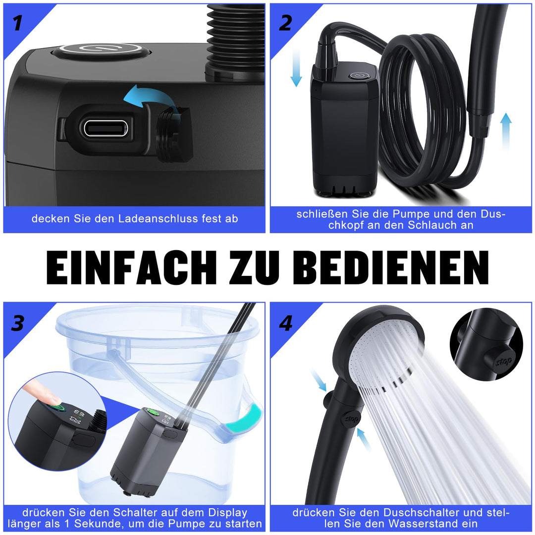 Campingdusche Akku 6000mAh mit Pumpe, 4 Modi, IPX7