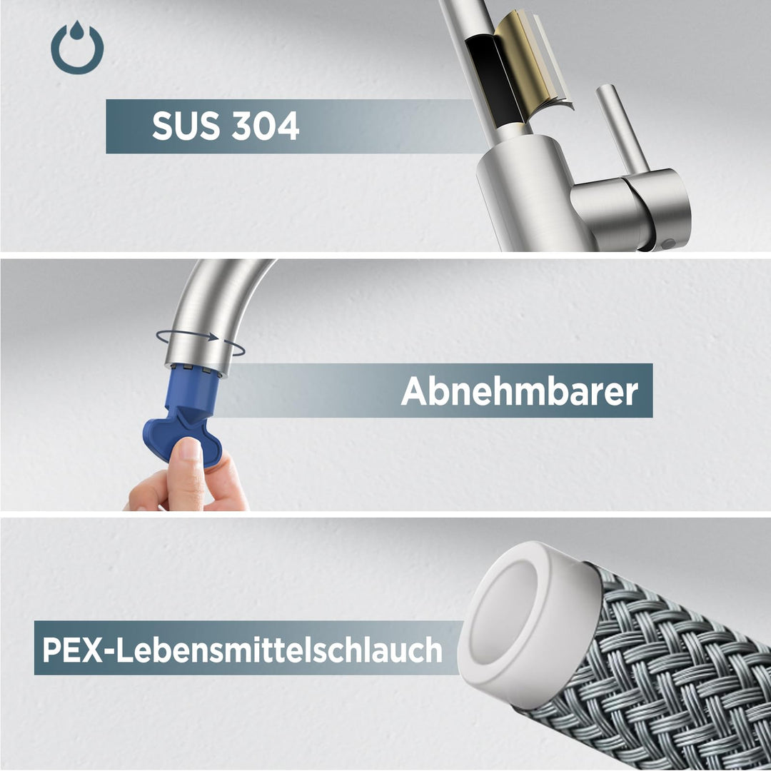 Küchenarmatur Edelstahl 304 360° drehbar Einhebel Spüle 1 Loch - Bild 4