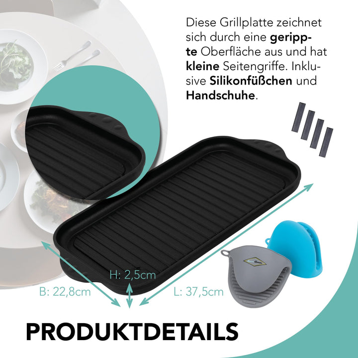 Grillplatte Aluminiumguss gerippt 37,5x22,8cm Induktion Antihaft - Bild 2