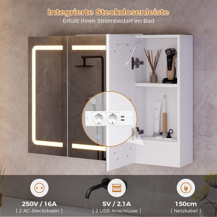 Spiegelschrank Bad LED 3 Farbtemperaturen mit Steckdose 60×80 cm - Bild 5