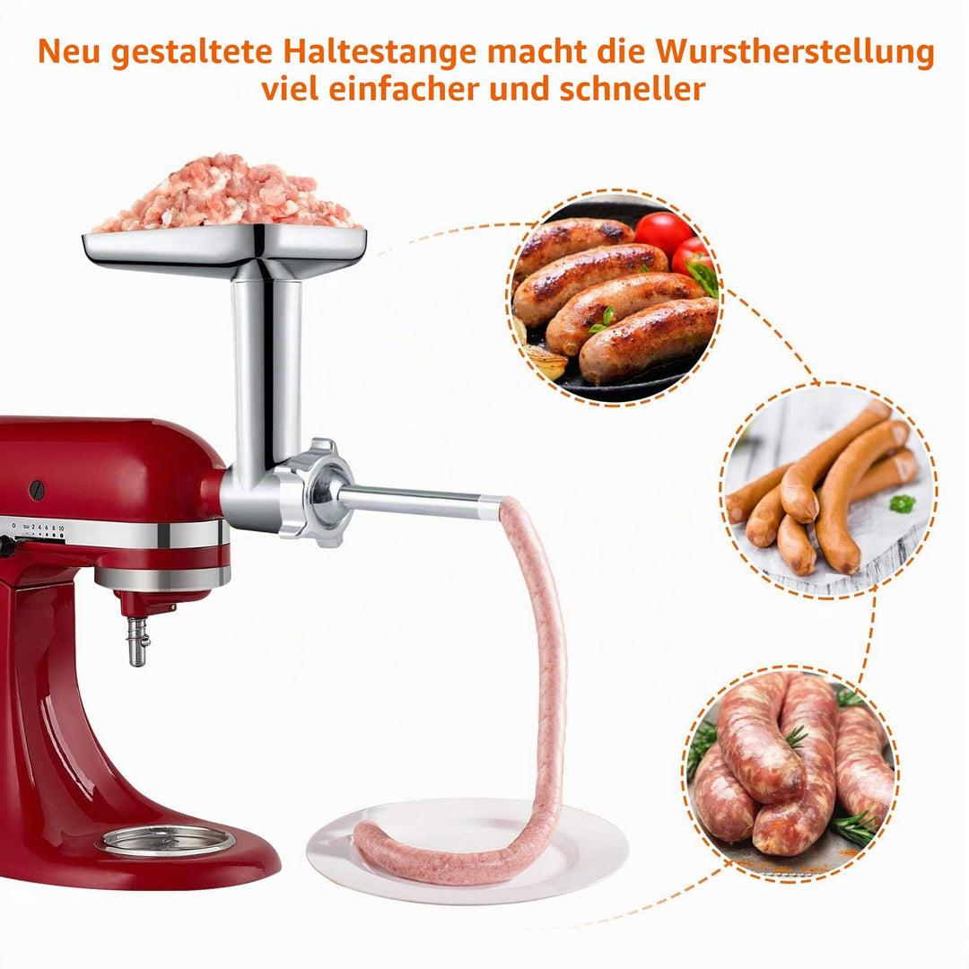 Fleischwolf-Aufsatz für KitchenAid Aluminium &amp; Edelstahl mit Wurstfüller - Bild 3