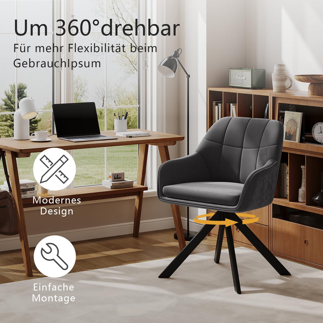 Esszimmerstuhl drehbar Samt 6er-Set mit Armlehnen Grau Metallfuss