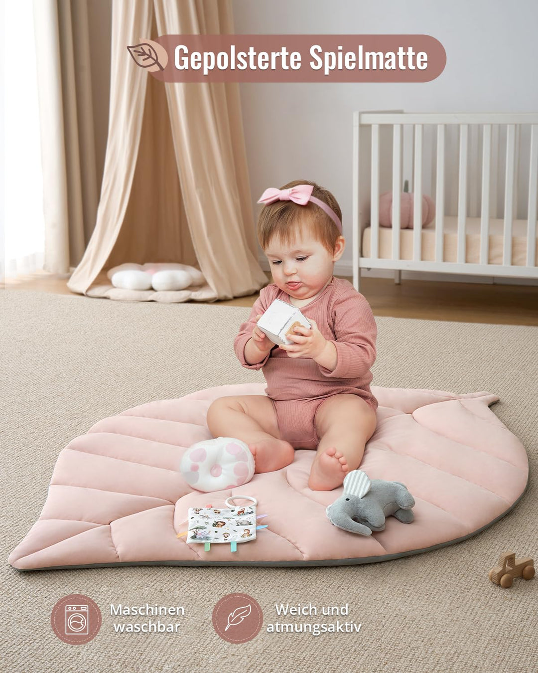 Spielbogen Baby mit Krabbeldecke Blattform 135x94cm 6 Spielzeuge Rosa - Bild 4
