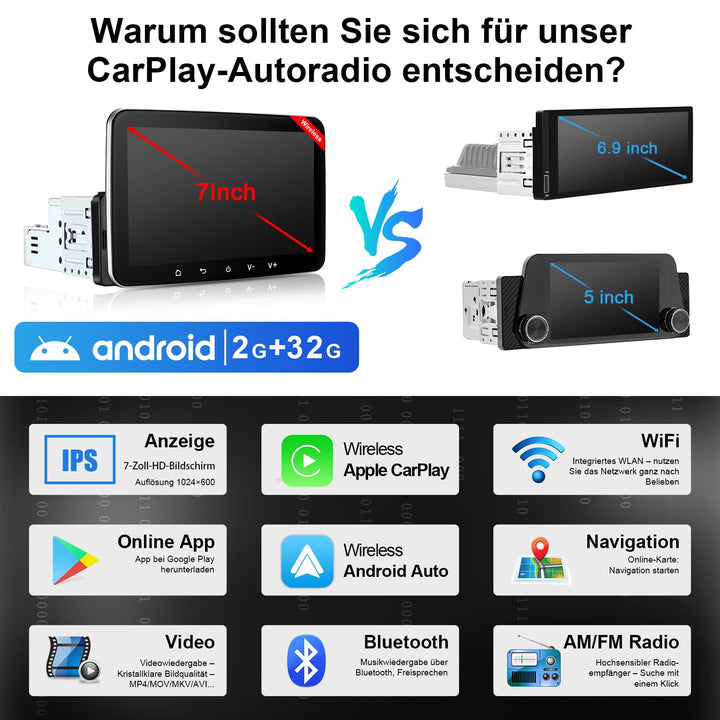 Autoradio 1-DIN Android 7 Zoll Wireless CarPlay &amp; Android Auto 2G+32G - Bild 3