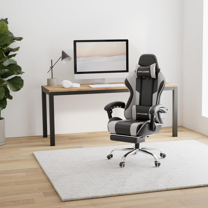 Gaming Stuhl mit Fussstütze und Massage-Lendenkissen Kunstleder Weiss - Bild 2