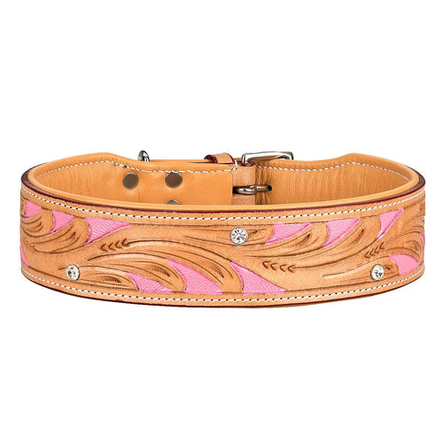 Hundehalsband Leder handgefertigt beige-pink mit Strasssteinen