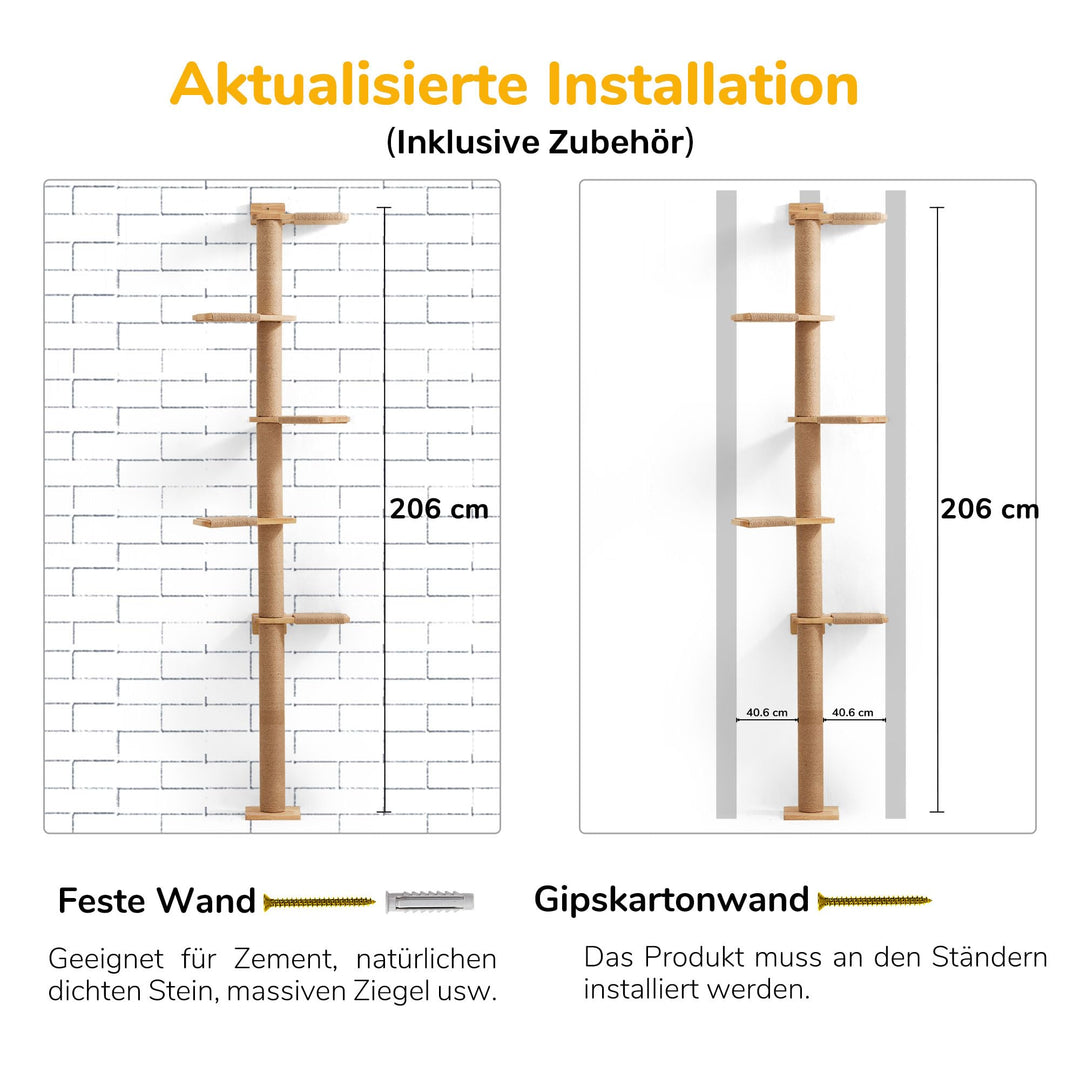 Katzenbaum Deckenhoch 206 cm Gummibaumholz Wandmontage 5 Etagen - Bild 6