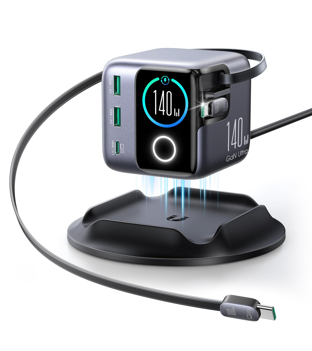 GaN Ladestation 140W 5-in-1 mit 2 einziehbaren USB-C-Kabeln LCD