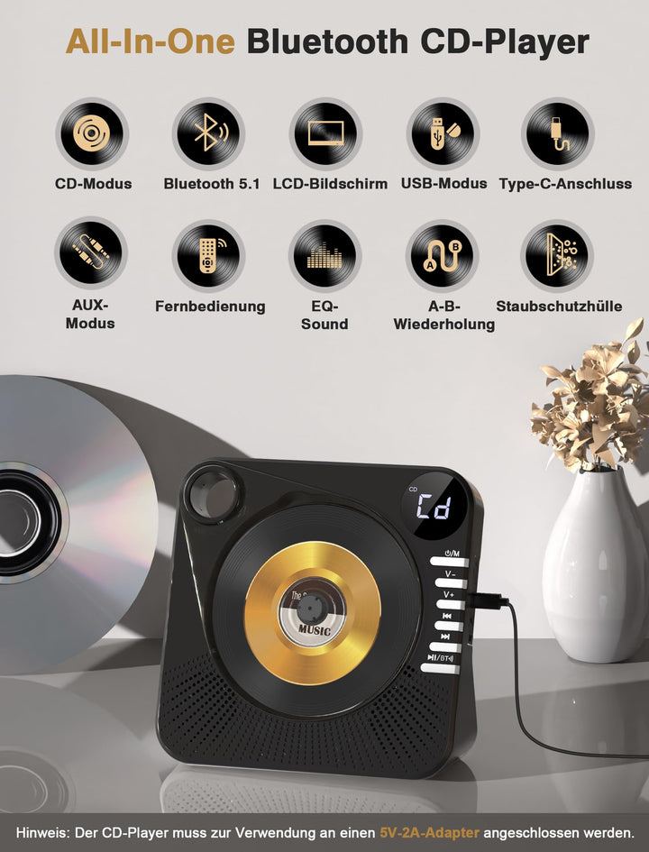 CD Player mit Bluetooth 5.1 und Dual-Lautsprecher, 5 EQ-Modi - Bild 2