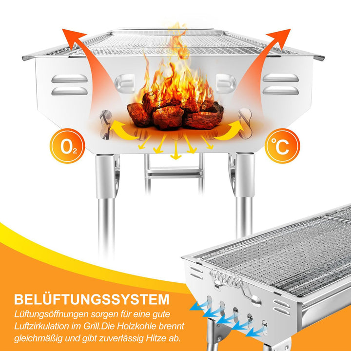 Holzkohlegrill Edelstahl klappbar 74x34x72 cm für 5–10 Personen - Bild 5