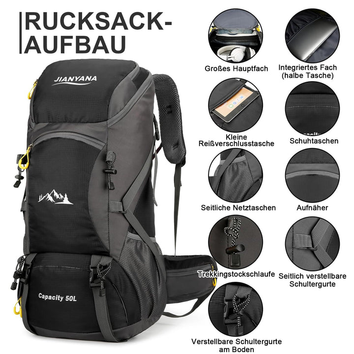 Wanderrucksack 50L mit Regenhülle Polyester/Nylon für Trekking Camping - Bild 4