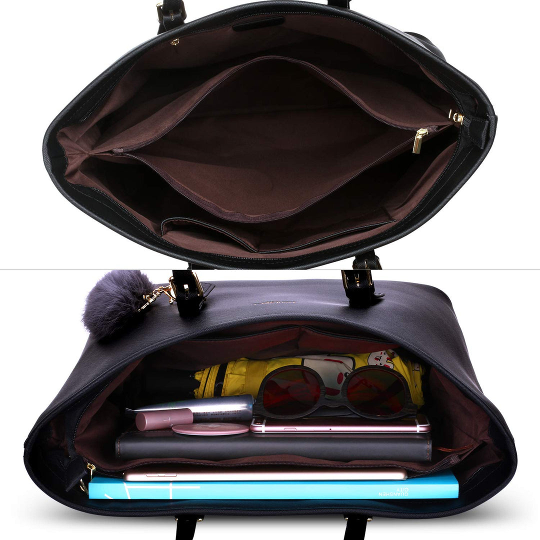 Handtasche Damen Shopper PU-Leder Schwarz mit Haarball 34x29x15 cm - Bild 6