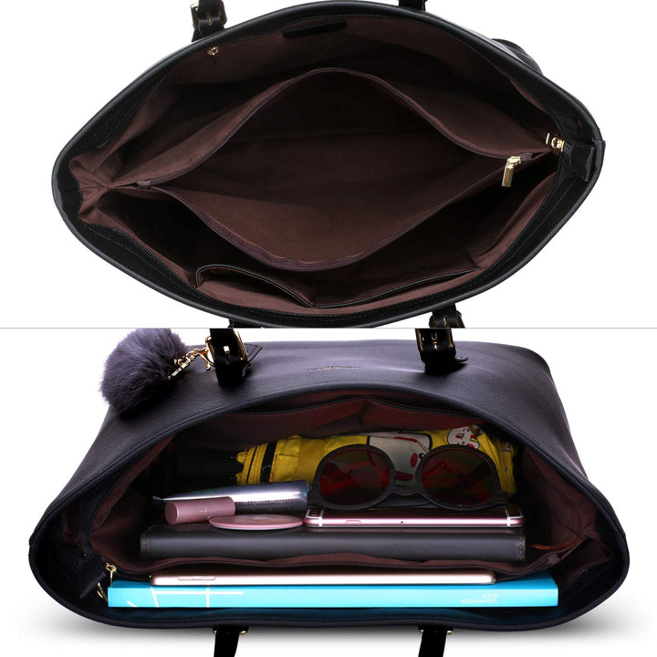 Handtasche Damen Shopper PU-Leder Schwarz mit Haarball 34x29x15 cm - Bild 6