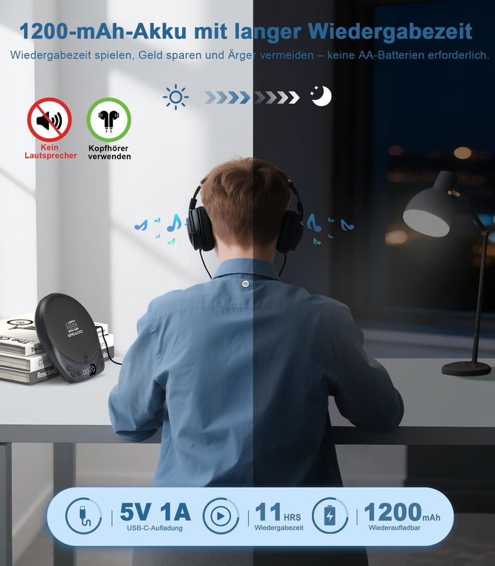 CD-Player tragbar wiederaufladbar mit Kopfhörer AUX TF-Karte - Bild 5