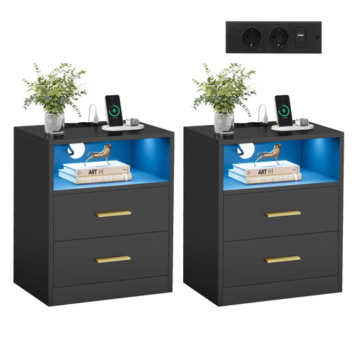 Nachttisch 2er Set mit LED-Beleuchtung und Ladestation, Schubladen