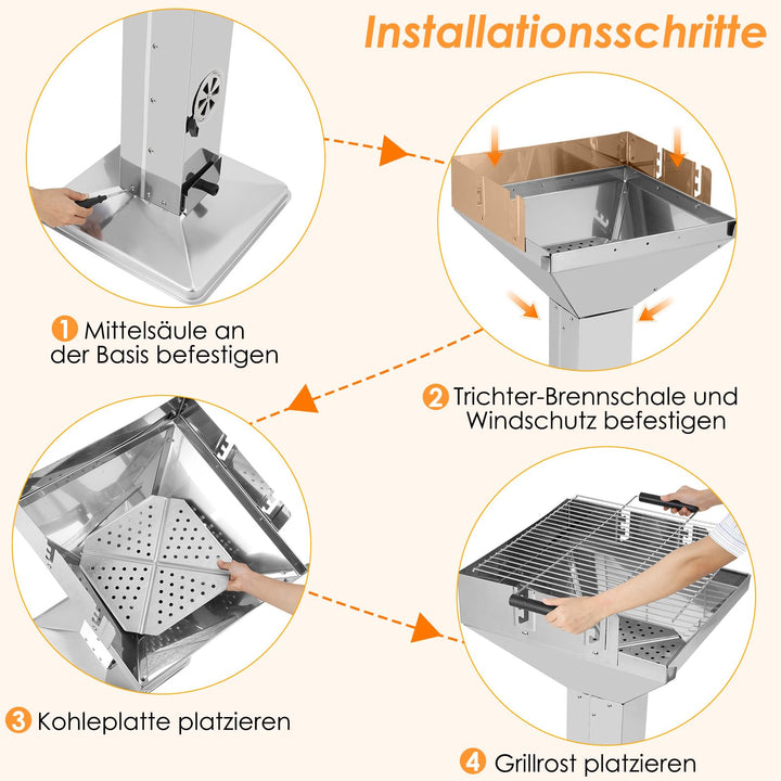 Holzkohlegrill Edelstahl Säulengrill 45x46cm Rost für 4-6 Personen - Bild 8