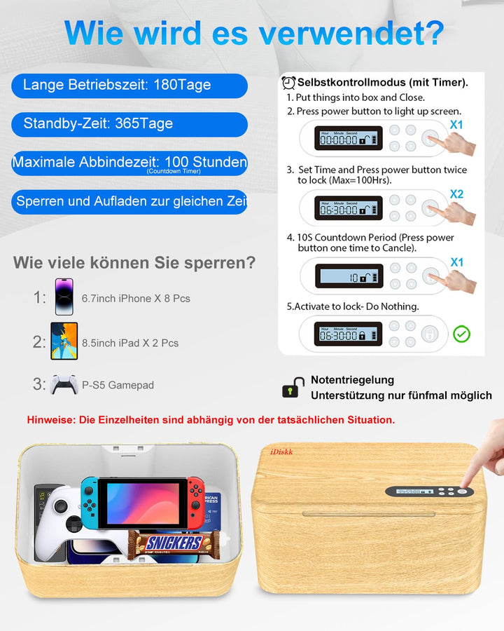 Zeitschloss Box mit Timer für Handy und Snacks Holzoptik - Bild 7