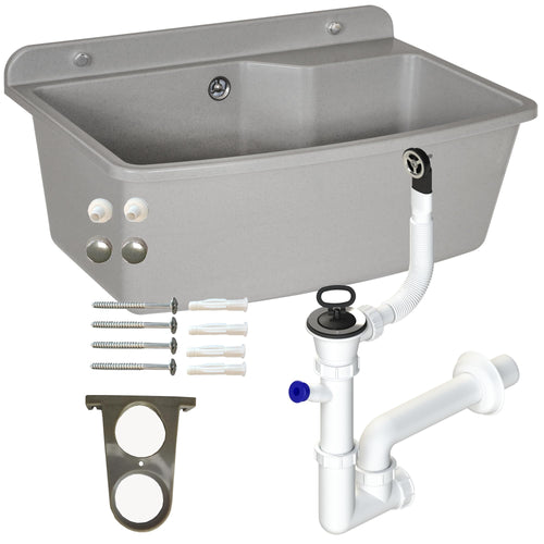 Ausgussbecken Kunststoff Granit-Grau mit Siphon 61 cm Wandmontage