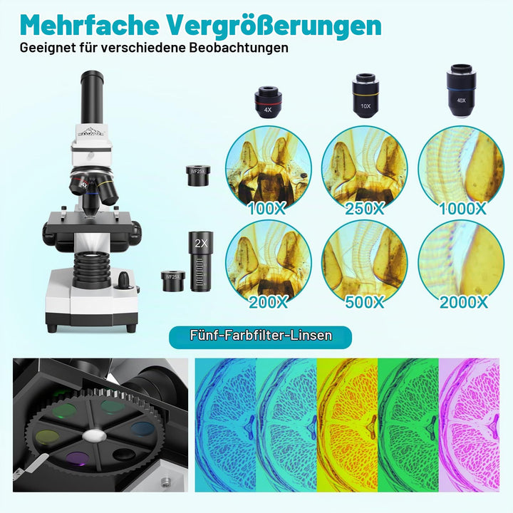 Monokular Mikroskop 200-2000x mit LED, Handyadapter und Tragetasche - Bild 2