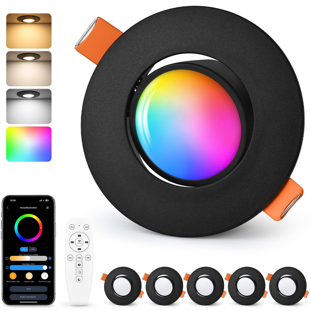 LED Einbaustrahler RGB dimmbar 6er-Set App &amp; Fernbedienung 5W schwarz