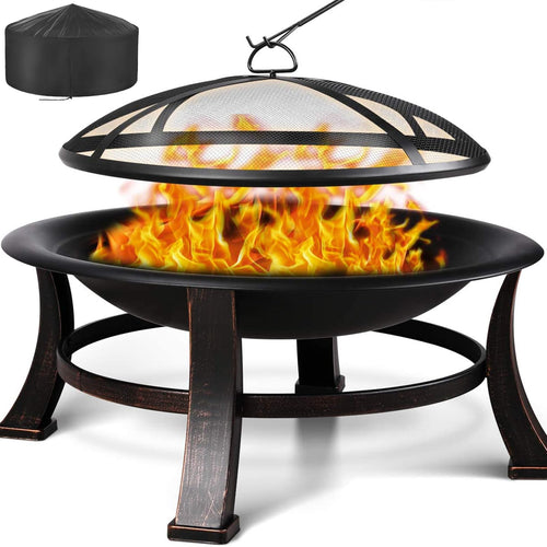 Feuerschale Garten 76 cm mit Grillrost, Funkenschutz und Abdeckung